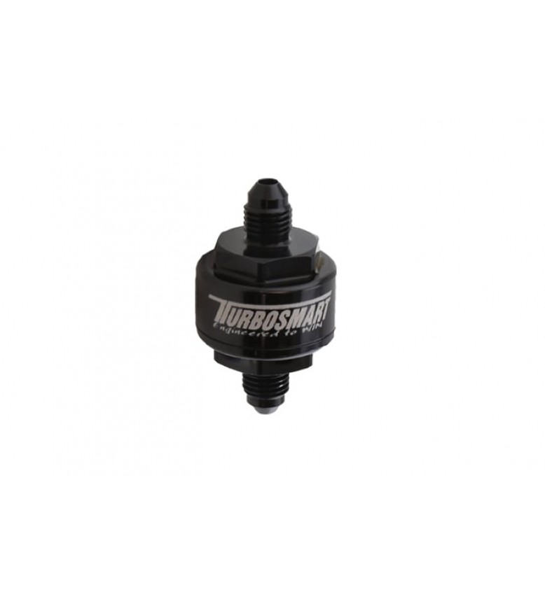 Turbosmart Billet Turbo Oil Feed Filter with 44 micron pleated disk stainless steel washable screen filter.  AN-3 male inlet and outlet - Black
