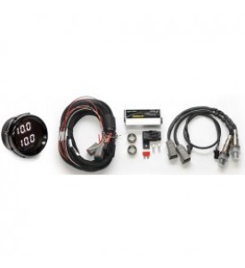 WBC2 - Box A Dual Channel CAN Wideband (1) Dual Gauge Kit  Includes 2.5m flying lead harness, black 600mm CAN cable, 2 sensors, 2 weld-on bungs  and Dual Channel 52mm/2-1/16" Black Bezel & White LED Display Gauge